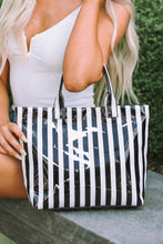 Light Blue Glossy Striped Vinyl Large Tote Bag