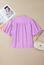 Phalaenopsis Stitched Detail V Neck Puffy Half Sleeve Blouse