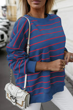 Blue Striped Overlap Detail Drop Shoulder Pullover Sweatshirt