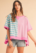 Blue Stripe Contrast Colorblock Oversized T Shirt