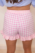 Pink Gingham Print Ruffle Striped Detail Lace Tie Shorts