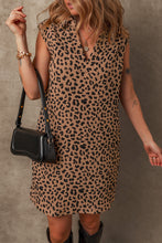 Khaki Leopard Print V Neck Sleeveless Collared Mini Dress