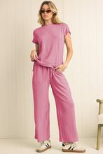 Blue Solid Corded Short Sleeve T Shirt and Wide Leg Pants Set