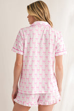 Pink Bowknot Print Shirt and Ruffle Hem Shorts Pajama Set