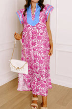 Green Floral Print Color Block Patchwork V Neck Short Sleeve Midi Dress