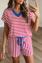 Red Stripe Colorblock Trim V Neck Tee Drawstring Elastic Waist Short Set