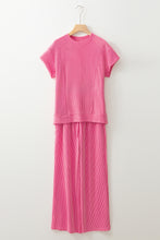 Blue Solid Corded Short Sleeve T Shirt and Wide Leg Pants Set