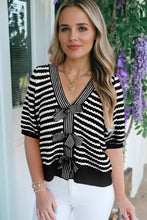 Sky Blue Stripe Short Sleeve Knit V Neck Bow Knot Sweater