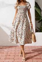 Beige Ditsy Floral Print Smocked Square Neck Ruffle Short Sleeve Dress