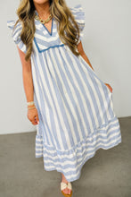 Sky Blue Stripe Subtle Lace Detail V Neck Ruffle Trim Casual Dress