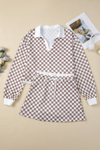 Khaki Checkered Print Polo Collar Long Sleeve Top Drawstring Mini Skirt Set
