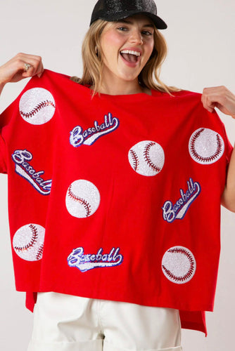 Fiery Red Sequin Baseball Loose Fit Tee