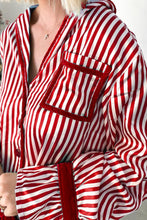 Red Striped Contrast Velvet Trim Knot Waist Pajama Set