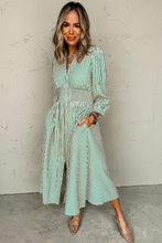 Green Striped V Neck Zip Front Cinched High Waist Midi Dress