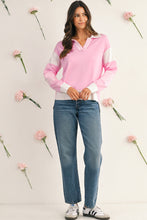 Sky Blue Striped V Neck Collared Colorblock Patchwork Sweater
