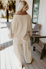 Khaki Stripe Textured Collared Pullover Top and Drawstring Pants Set