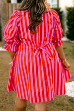 Rose Stripe Frilled Collar Button Neck Short Sleeve Curvy Mini Dress