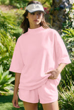 Yellow Cream Solid Color Exposed Seam Mock Neck Oversize Tee Casual Shorts 2pcs Outfit