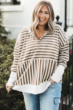 Brown Stripe Drop Sleeve Plus Size Henley Hoodie