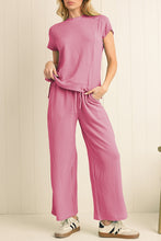 Blue Solid Corded Short Sleeve T Shirt and Wide Leg Pants Set