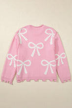 Pink Bow Pattern Pearl Embellished Raw Hem Sweater