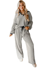 Sky Blue Stripe Textured Collared Pullover Top and Drawstring Pants Set