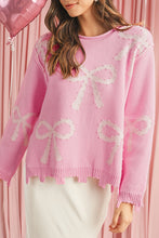 Pink Bow Pattern Pearl Embellished Raw Hem Sweater