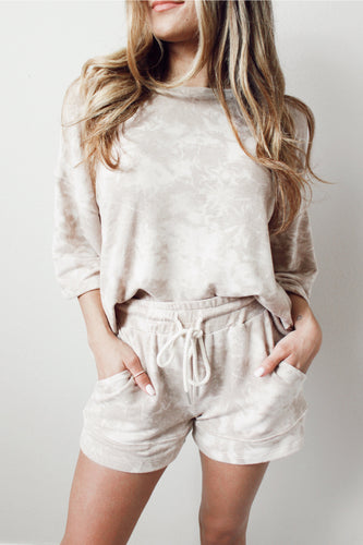 Beige Vintage Tie Dye Bracelet Sleeve Drawstring Elastic Waist 2pcs Short Set