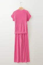 Blue Solid Corded Short Sleeve T Shirt and Wide Leg Pants Set