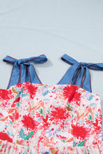 Yellow Floral Print Contrast Stitched Knot Denim Straps High Waist Dress