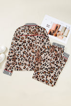 Khaki Leopard Print Colorblock Striped Patchwork Shirt and Pants Pajama Set