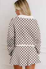 Khaki Checkered Print Polo Collar Long Sleeve Top Drawstring Mini Skirt Set