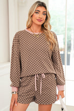 Sky Blue Checkerboard Contrast Trim Long Sleeve Pullover and Shorts Set