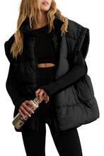 Beige Solid Zipper Stand Neck Oversized Puffer Vest