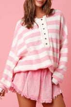 Pink Striped Drop Sleeve Henley Sweater