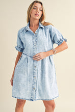 Blue Mineral Washed Ruffled Short Sleeve Pocketed Denim Dress