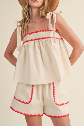 White Geometric Trim Knot Straps Top and Shorts Set