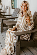 Khaki Stripe Textured Collared Pullover Top and Drawstring Pants Set