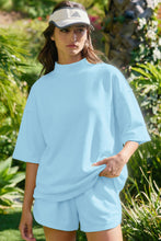 Yellow Cream Solid Color Exposed Seam Mock Neck Oversize Tee Casual Shorts 2pcs Outfit