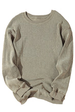 Khaki Solid Ribbed Round Neck Pullover Sweatshirt