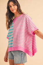 Blue Stripe Contrast Colorblock Oversized T Shirt