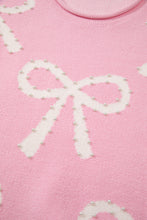 Pink Bow Pattern Pearl Embellished Raw Hem Sweater