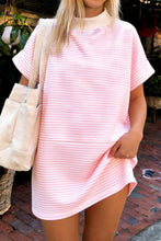 Pink Stripe Cuffed Short Sleeve Contrast Mock Neck Tee Dress