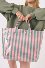 Light Blue Glossy Striped Vinyl Large Tote Bag
