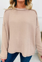 Parchment Twisted Rib Exposed Seam Detail Long Sleeve Loose Top