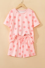 Sky Blue Polka Dot Print Loose Tee Drawstring Elastic Waist Short Set