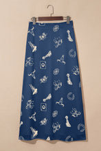 Navy Blue Western Print Satin Long Skirt
