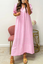 Pink Stripe V Neck Short Sleeve Shift Long Dress