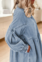 Beau Blue Smocked Cuffs Flared Denim Shirt Mini Dress