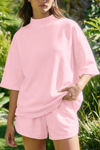 Yellow Cream Solid Color Exposed Seam Mock Neck Oversize Tee Casual Shorts 2pcs Outfit